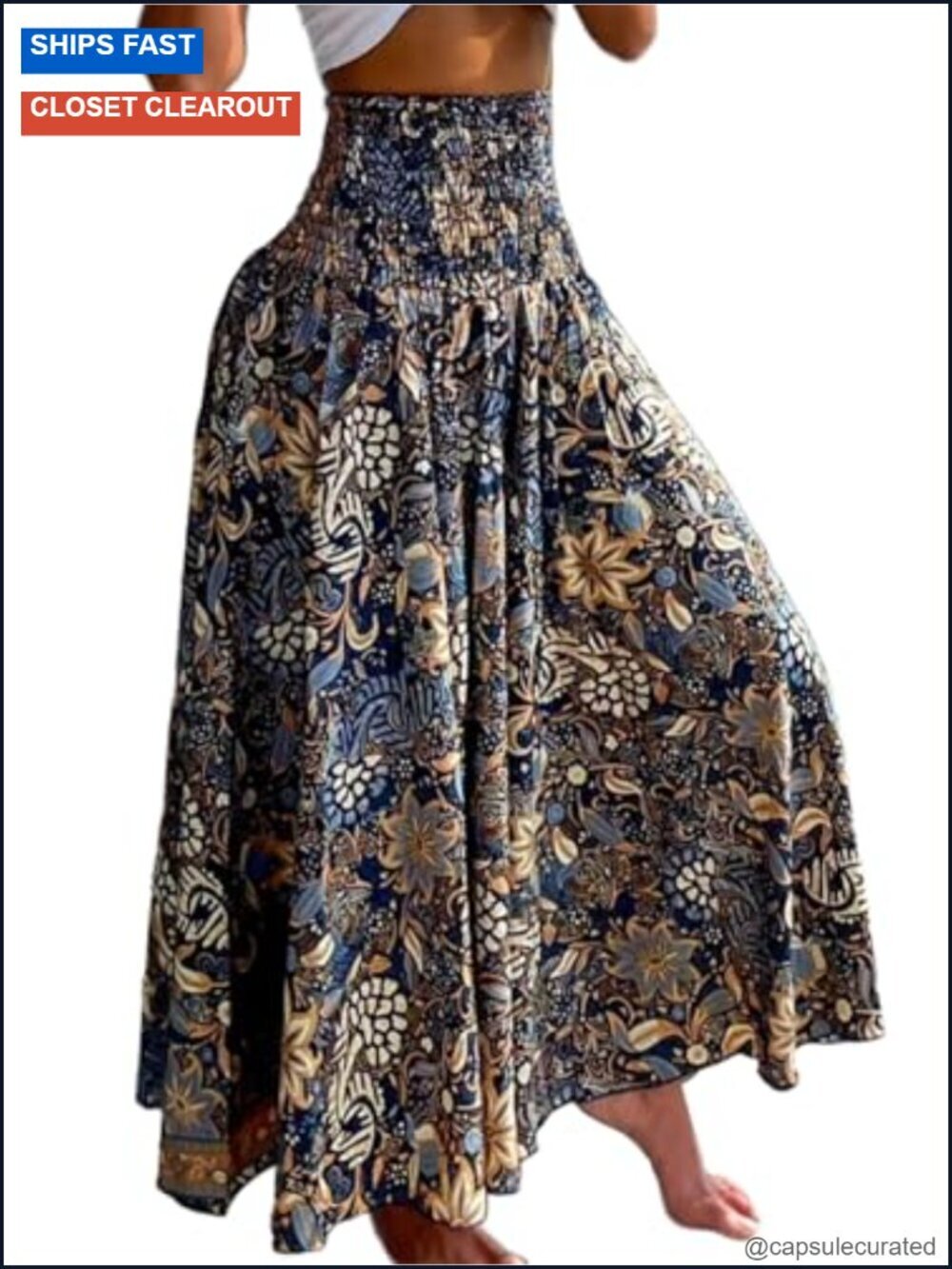 Boho Floral Shirred High Waisted Wide Leg Palazzo Pants Summer Beach Casual